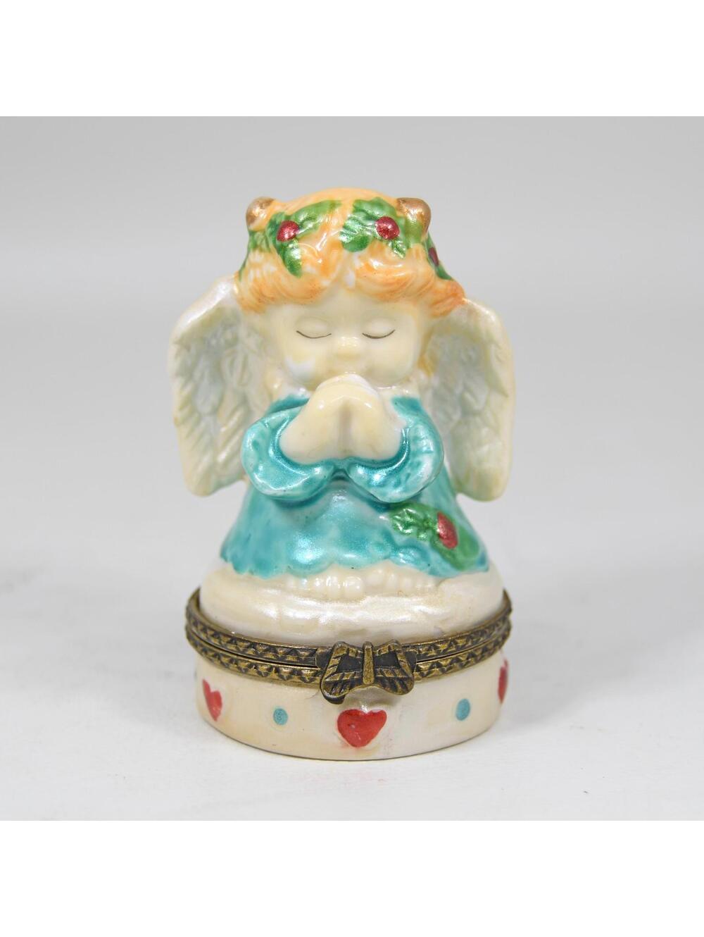 Christmas Angel Praying Hinged Pill Trinket Box 3" Ceramic Hand Painted Vintage